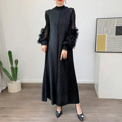 Women Elegant Evening Party Dresses 2025 Summer New Solid Colour Classic Long Sleeve Plate Flower Design Prom Dresses Female