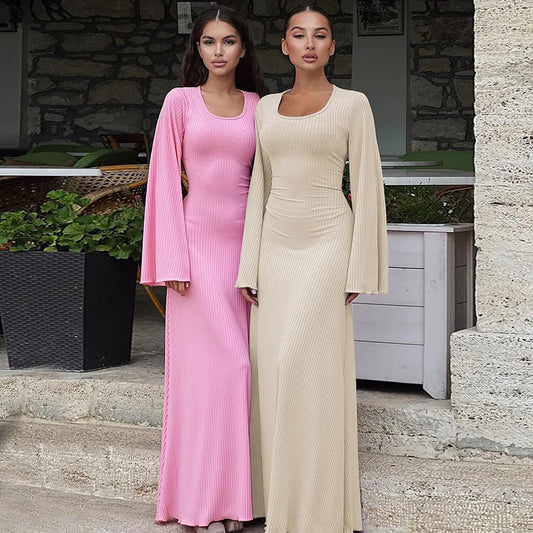 Long Flare Sleeved Maxi Floor-Length Dress Summer Solid Fashion Casual Office Lady Dresses for Women Slim Sexy Lace-Up Vestidos