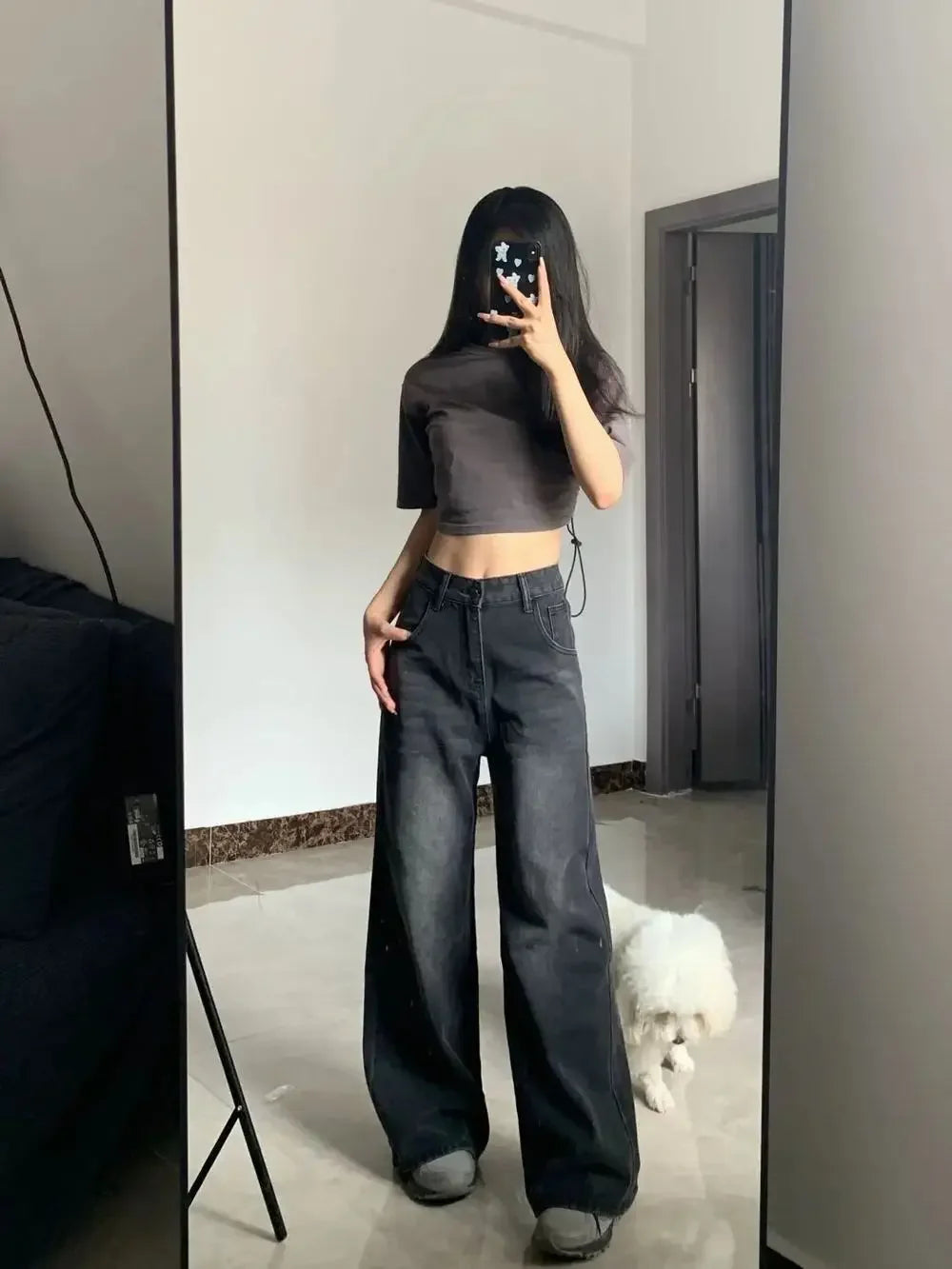 Slimming High-Waisted Jeans for Women Pear-Shaped Loose-Fit Straight-Leg Bell Bottoms Plus-Size Female Denim Trousers