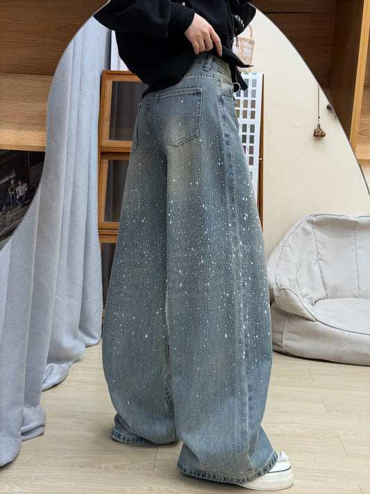 Blue High Waist Wide Leg Jeans Women'S Spring New Style Diamond Embellished Straight Cut Loose Slimming Denim Pants