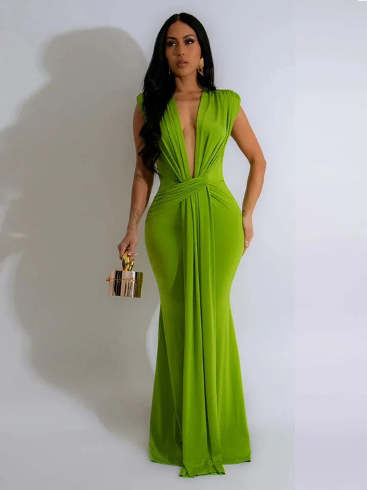Elegant Ruched Bodycon Maxi Dresses for Women Birthday Night Party Evening Prom Deep V-Neck Sheath Celebrity Formal Long Dress