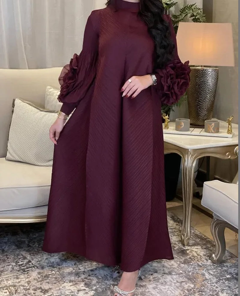 Women Elegant Evening Party Dresses 2025 Summer New Solid Colour Classic Long Sleeve Plate Flower Design Prom Dresses Female
