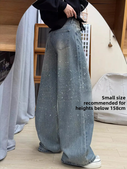 Blue High Waist Wide Leg Jeans Women'S Spring New Style Diamond Embellished Straight Cut Loose Slimming Denim Pants
