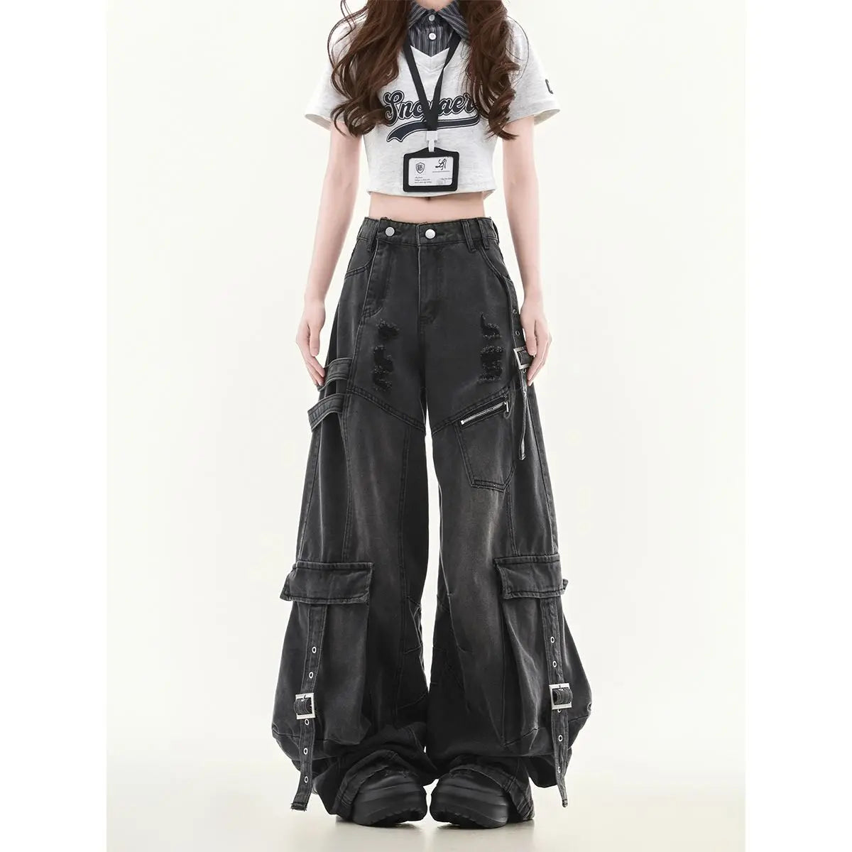 Women'S Black Gothic Baggy Cargo Jeans Harajuku Oversize Denim Trousers Y2K 90S Vintage 2000S Jean Pants Women Clothes