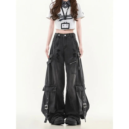 Women'S Black Gothic Baggy Cargo Jeans Harajuku Oversize Denim Trousers Y2K 90S Vintage 2000S Jean Pants Women Clothes