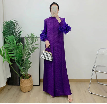 Women Elegant Evening Party Dresses 2025 Summer New Solid Colour Classic Long Sleeve Plate Flower Design Prom Dresses Female
