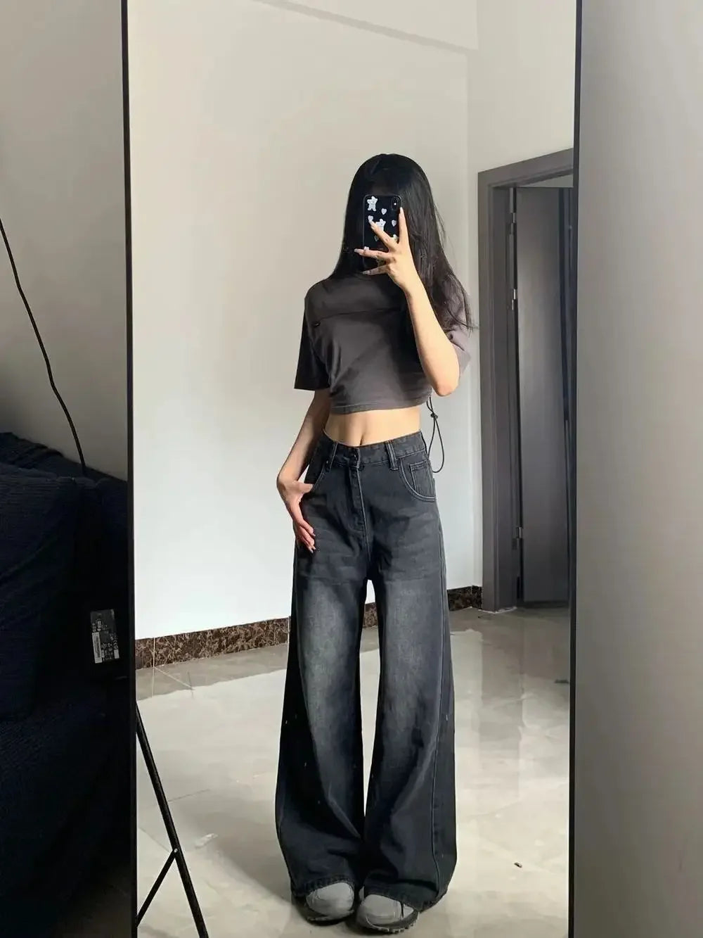 Slimming High-Waisted Jeans for Women Pear-Shaped Loose-Fit Straight-Leg Bell Bottoms Plus-Size Female Denim Trousers