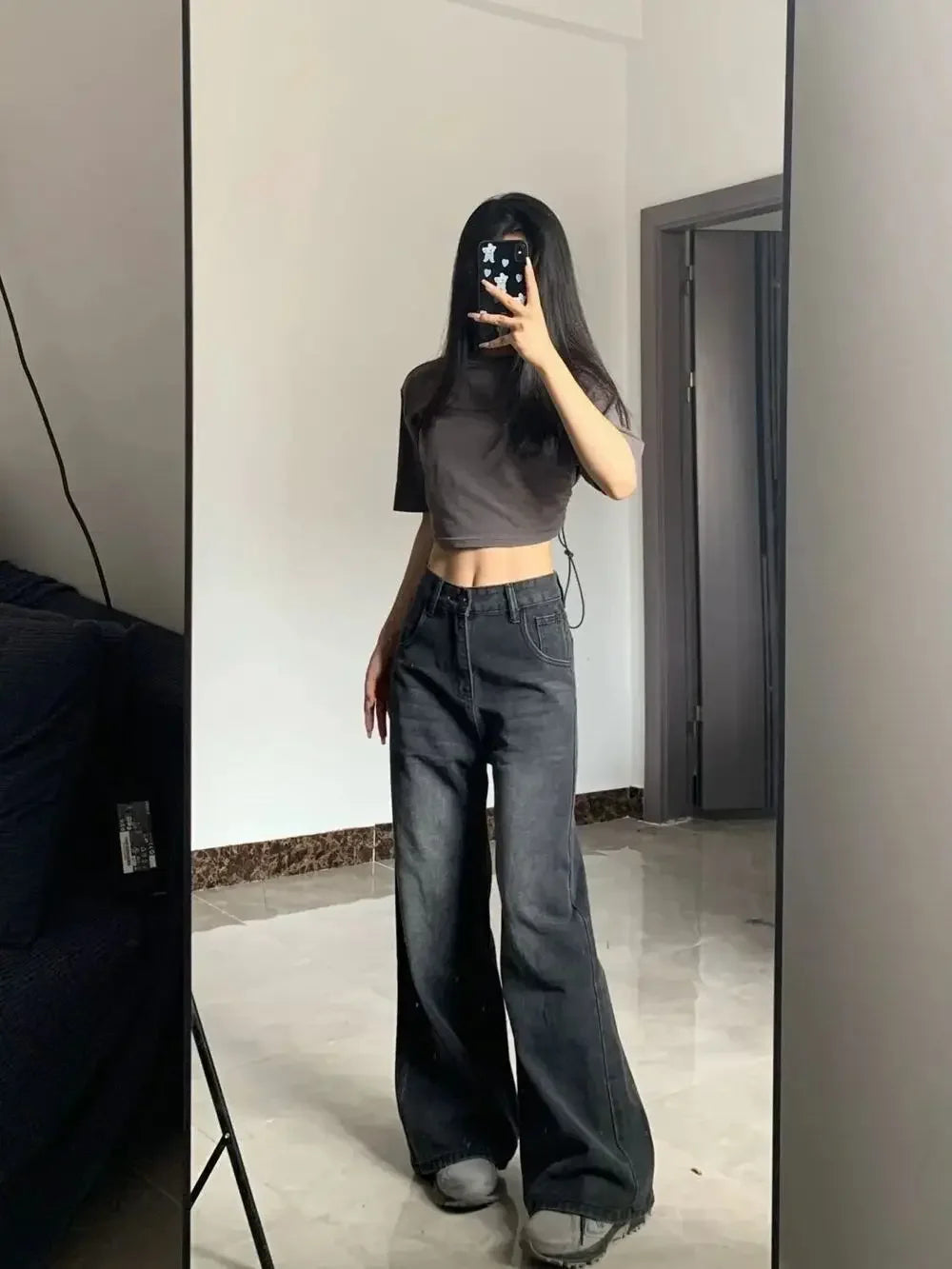 Slimming High-Waisted Jeans for Women Pear-Shaped Loose-Fit Straight-Leg Bell Bottoms Plus-Size Female Denim Trousers