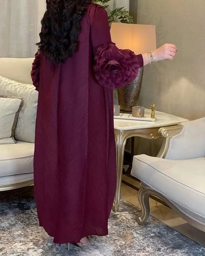 Women Elegant Evening Party Dresses 2025 Summer New Solid Colour Classic Long Sleeve Plate Flower Design Prom Dresses Female