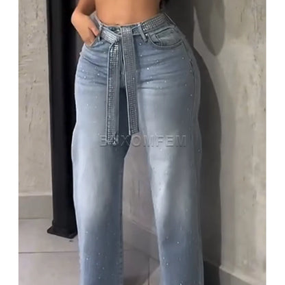 Women'S Drilled Straight Leg Jeans Pants 2025 Stylish Baggy Pants Y2K Streetwear Outfit Wide Leg Loose Jeans Ladies Bottoms