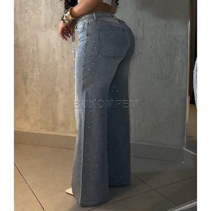 Women'S Drilled Straight Leg Jeans Pants 2025 Stylish Baggy Pants Y2K Streetwear Outfit Wide Leg Loose Jeans Ladies Bottoms