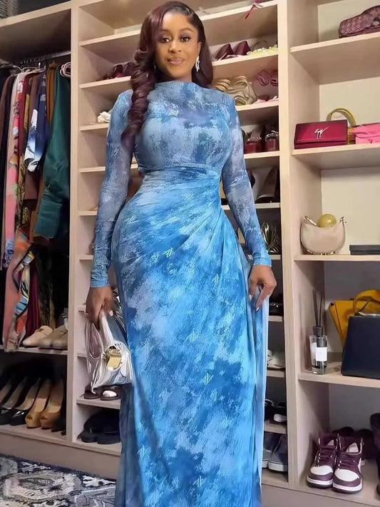 Spring Summer Dress Casual Holiday Long Sleeve Maxi Dress for Woman Waist Slimming One Piece Sky Blue Dress for Woman Elegant
