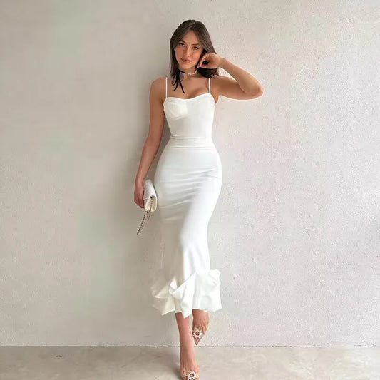 Sexy Sleeveless Backless Midi Dress Women Summer Fashion Bodycon Elegant Ruffles Eged Birthday Party Club Pencil Dess