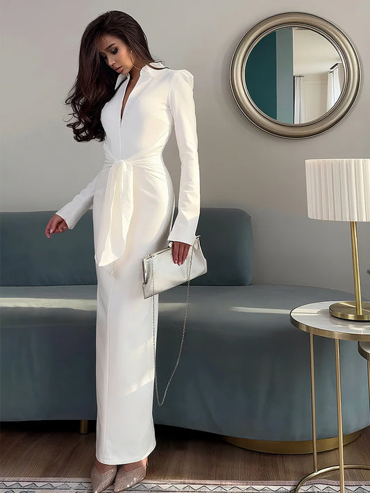 Sexy Maxi Dress Women Shoulder Padded Zip Wrapped Bandage Long Sleeve Slit Elegant Solid Office Simple Skinny Bodycon