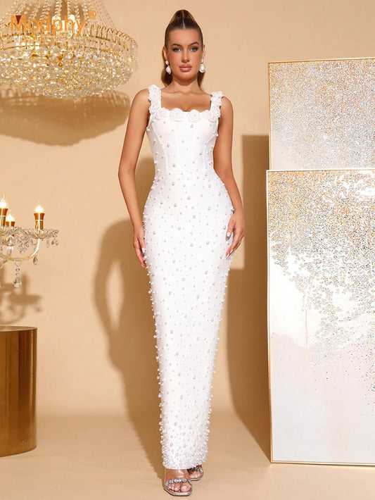 Women'S Luxury Pearl Bead Tight Bandage Long Dress Sexy Square Neck Sleeveless Elegant Evening Wedding Banquet Party Gown