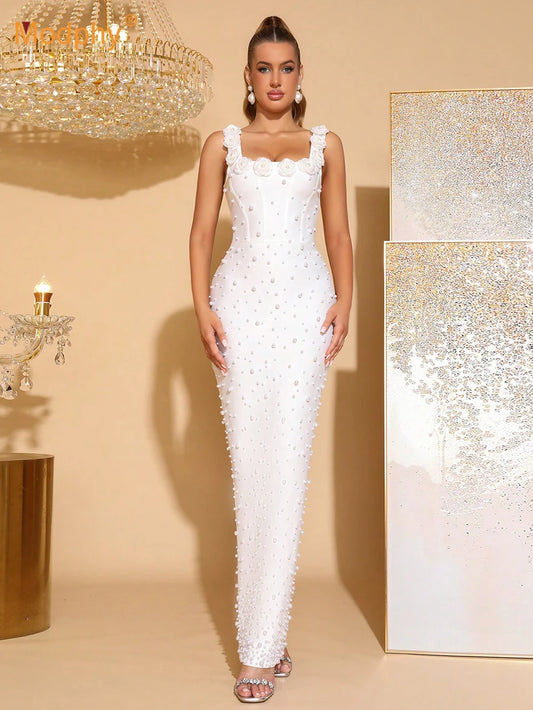 Women'S Luxury Pearl Bead Tight Bandage Long Dress Sexy Square Neck Sleeveless Elegant Evening Wedding Banquet Party Gown